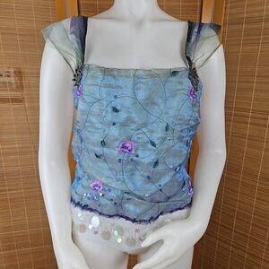Lee Andersen Fairycore Top Womens L Purple Green Floral Embroidered Coquette